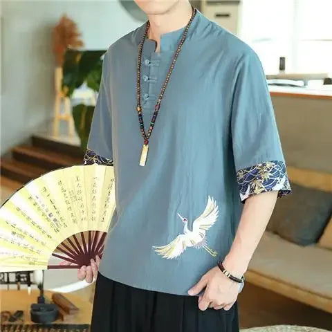 Men’s Chinese-Style Summer Cotton-Linen Short-Sleeve Shirt – Lightweight Comfort with Elegant Embroidered Crane Design for the Modern Gentleman