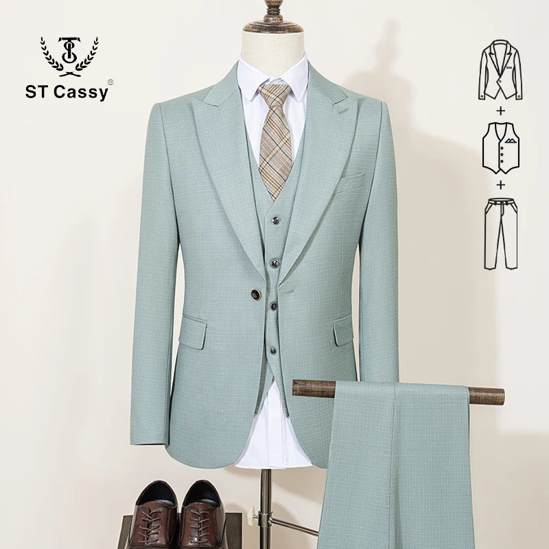 ST Cassy High Quality Men's Suit Summer thin Green Slim Fit Formal Business Office Men's Suits（jacket+Vest+Pants） - Ellianto fashion Men's