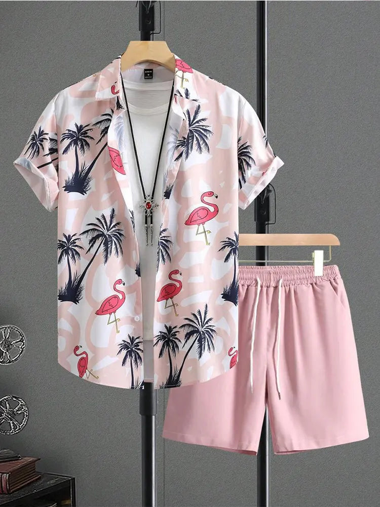 Set New Palm Leaf Print Men's Casual Shirt Hawaiian Men's Beach Shorts Summer Everyday Short-sleeved Shirt And Sports Shorts Set - Ellianto fashion Men's