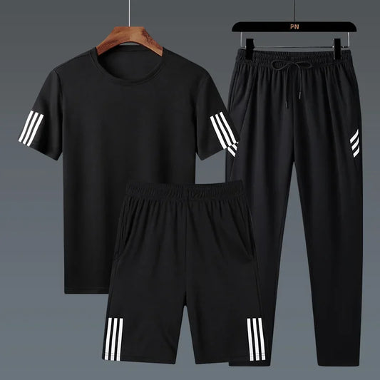 Summer Casual Sports Men's Short Sleeve T-Shirt plus Size Three-Piece Set New Style Long Pants Comfortable Breathable Clothing - Ellianto fashion Men's