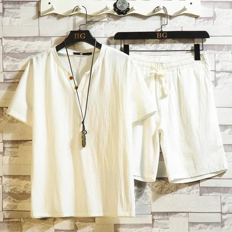 Cotton Linen Man Sets Plain Sports V-neck Basic 2 Piece Outfit Loose Fashion 2025 Cool Elastic Tee T-shirts Shorts Suits for Men