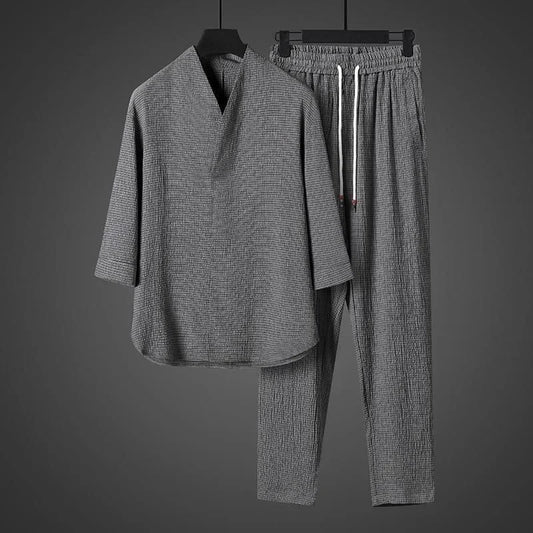 Ice Silk Loose Fit Short Sleeve Men's T-Shirt Set Chinese Style Summer Lightweight Big Size Tang Suit Two Piece Set - Ellianto fashion Men's