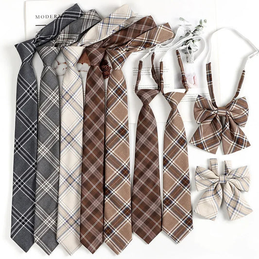 Vintage Brown Plaid Necktie Women's Lazy Person's Japanese Style Preppy Small Tie Bow Tie Handmade Men's Tie - Ellianto fashion Men's