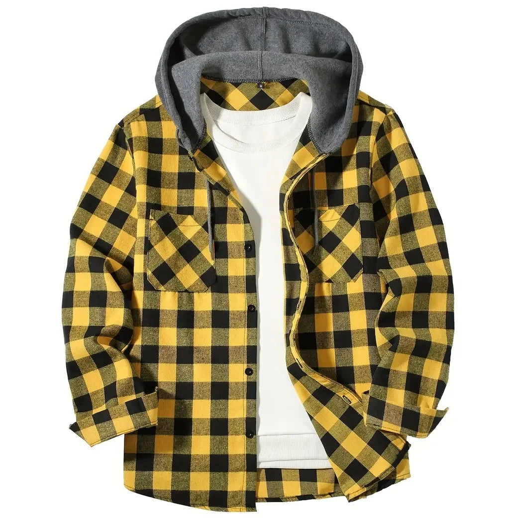 Men's Shirts Classic Plaid Casual Button Down Hooded Long Sleeved Double Pockets Shirt Hoodie Flannel Jacket Spring Autumn Tops - Ellianto fashion Men's