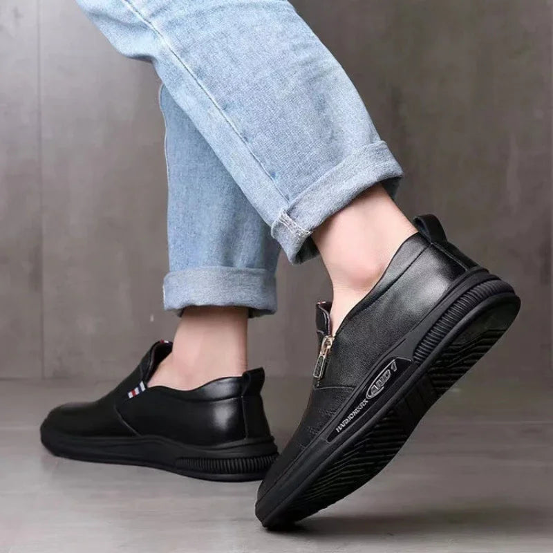 Business Men's Leather Shoes Fashion Man Dress Shoes Autumn ZIP Man's Sneakes 2025 New Lightweight Flat Male Casual Loafers - Ellianto fashion Men's