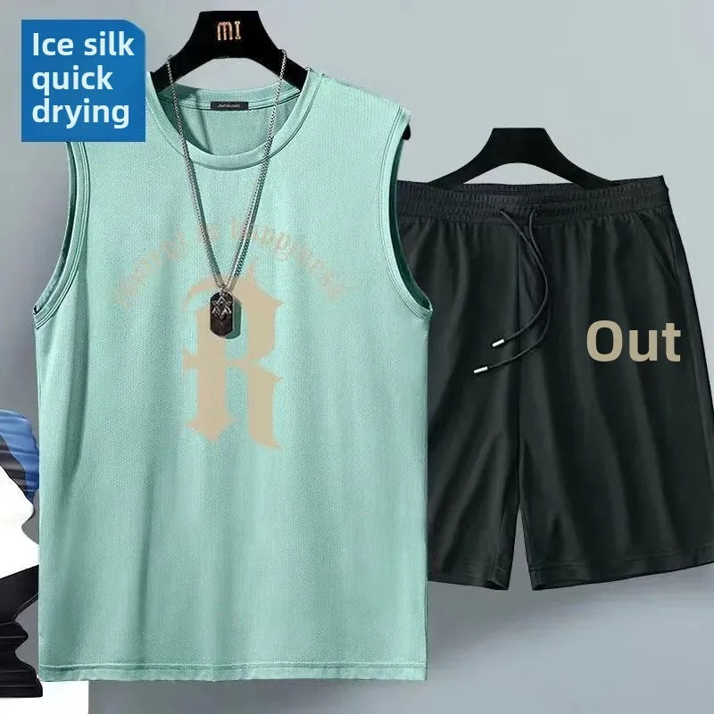 Ice Silk Men's Sports Set Quick Dry Basketball Uniform Summer Vest Shorts Gym Running One Piece Thin Male Fitness Outfit - Ellianto fashion Men's