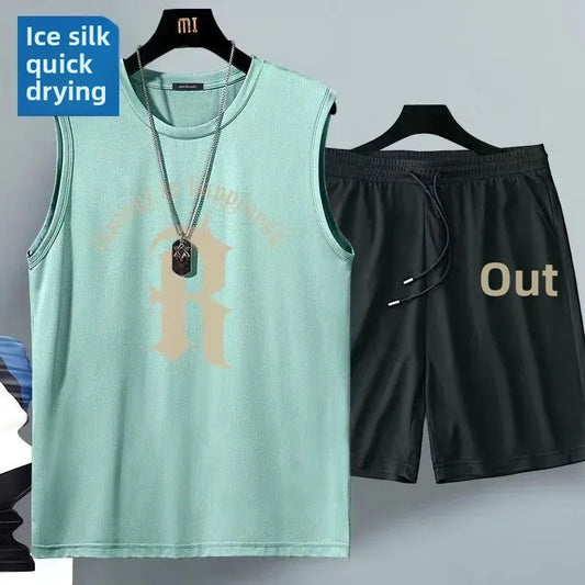 Ice Silk Men's Sports Set Quick Dry Basketball Uniform Summer Vest Shorts Gym Running One Piece Thin Male Fitness Outfit - Ellianto fashion Men's