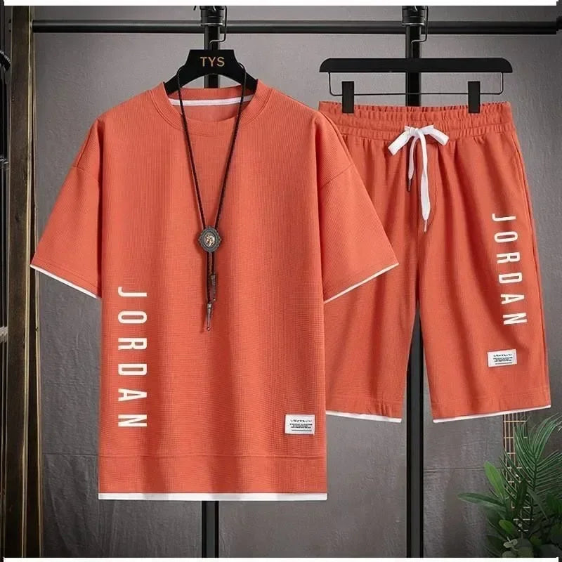 2025 Elegant casual T-shirt and shorts set for men's sports suit loose and comfortable summer waffle set for men - Ellianto fashion Men's