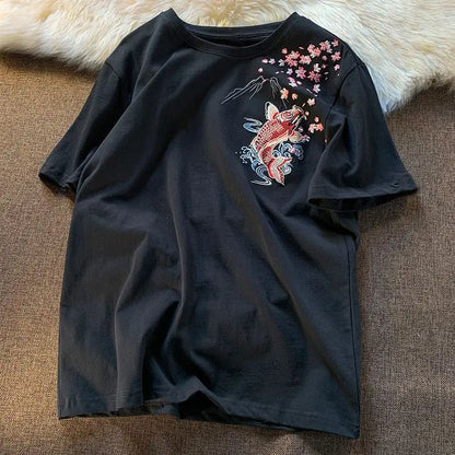 2025 Embroidered Koi Fish Cotton T-Shirt – Lightweight, Loose-Fit Summer Comfort and Effortless Casual Style for the Modern Gentleman
