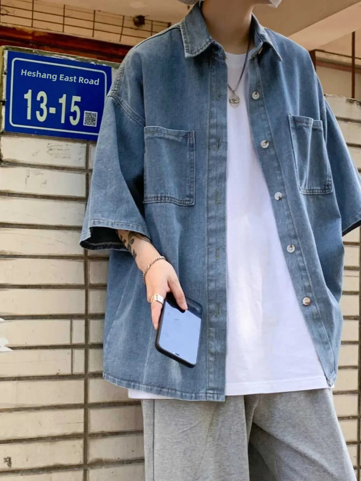 Loose Fit Men's Denim irt ort Sve Five-Quarter Sve Youth Trend Summer Casual Pure Color Workwear Sle Outerwear - Ellianto fashion Men's