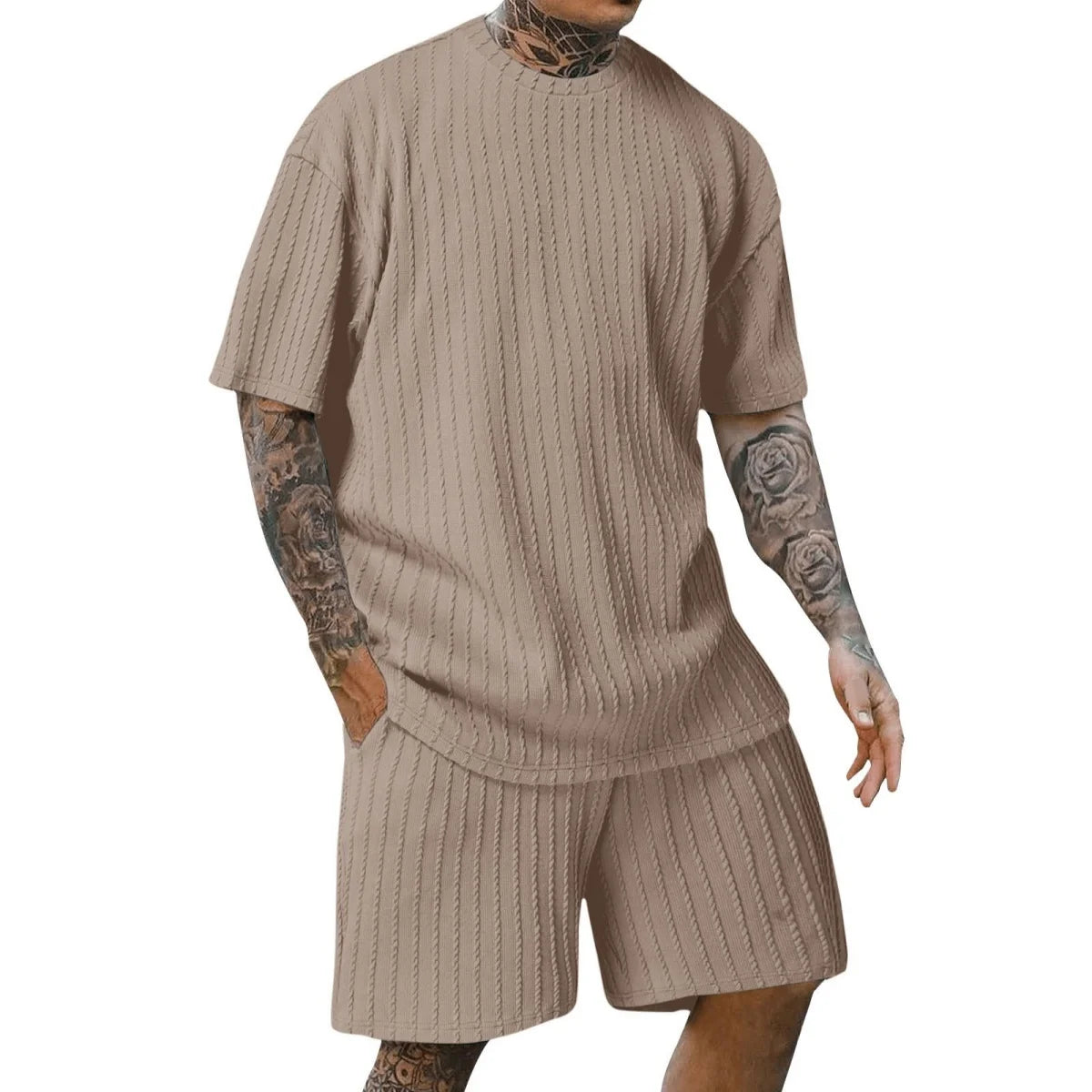 New men's sporty solid-color round-neck pullover vertical striped T-shirt, shorts and short sleeves two-piece casual set 2025 - Ellianto fashion Men's
