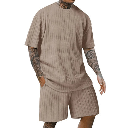New men's sporty solid-color round-neck pullover vertical striped T-shirt, shorts and short sleeves two-piece casual set 2025 - Ellianto fashion Men's