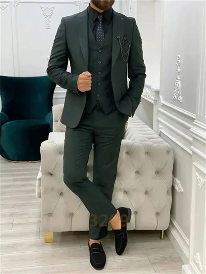 3 Pieces Post Green Suits Men Suits Wedding Wear Business Male Groom Wedding Dress Jacket Vest Pants Set Blazers Coat - Ellianto fashion Men's