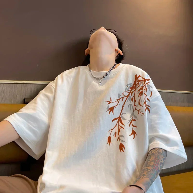 Men's Oversized T-shirts Mens Cotton T Shirt White 5XL Casual Summer Wear Fashion Bamboo Print Tee Shirts for Men Clothing - Ellianto fashion Men's
