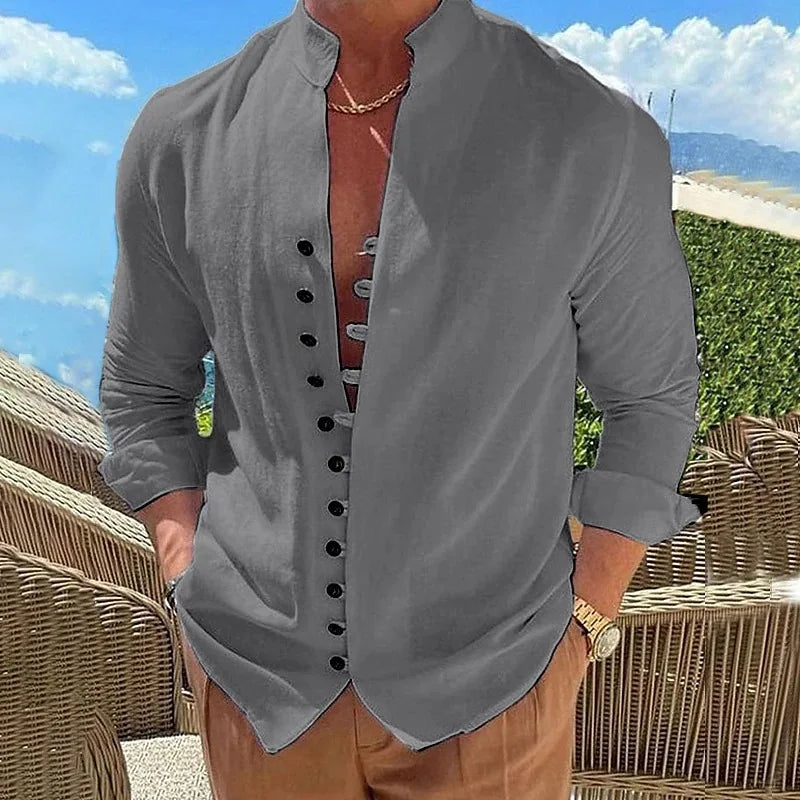 100% pure cotton linen hot selling fashion men's long sleeved shirt solid color stand up collar casual style men's S-3XXL - Ellianto fashion Men's