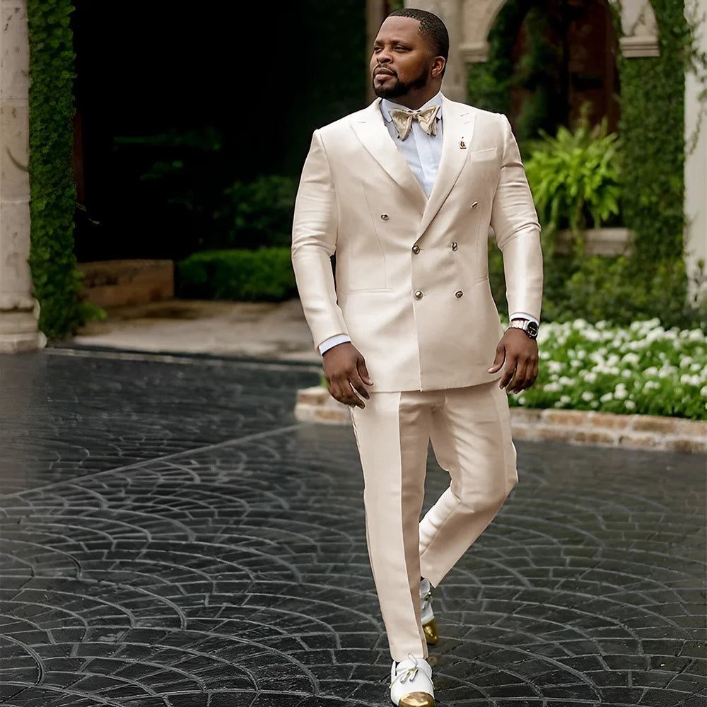 White Satin Men's Suit 2 Piece Peaked Collar Blazer Double Breasted Jacket Wedding Groom Tuxedo Elegant Men's CustomizationXS-5X - Ellianto fashion Men's