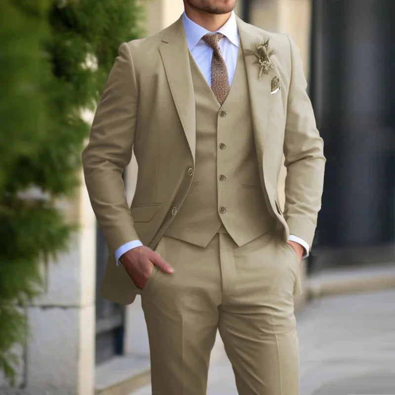 3 Pieces Beige Suits for Men Fashion Slim Fit Blazer Vest Pants Set Formal Business Wedding Tuxedos for Men Casual Clothing - Ellianto fashion Men's