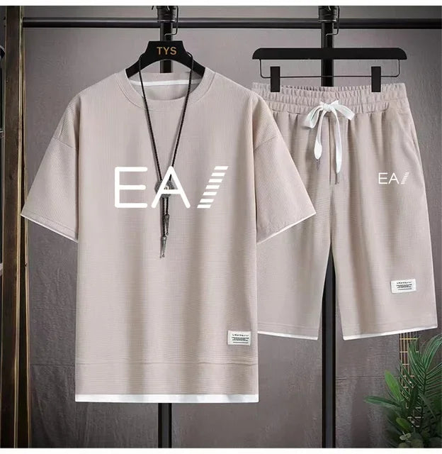 Set A new summer European men's breathable waffle round-neck short-sleeved and jogging sports shorts digital printing two-piece set - Ellianto fashion Men's
