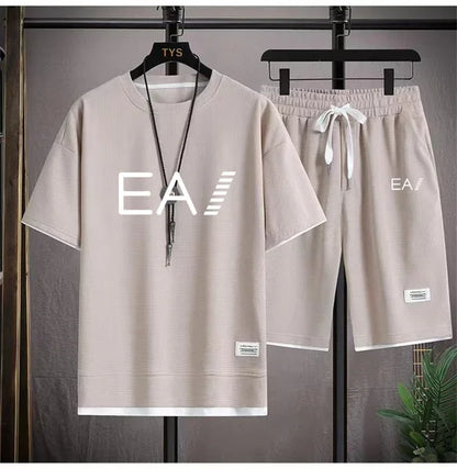 Set A new summer European men's breathable waffle round-neck short-sleeved and jogging sports shorts digital printing two-piece set - Ellianto fashion Men's