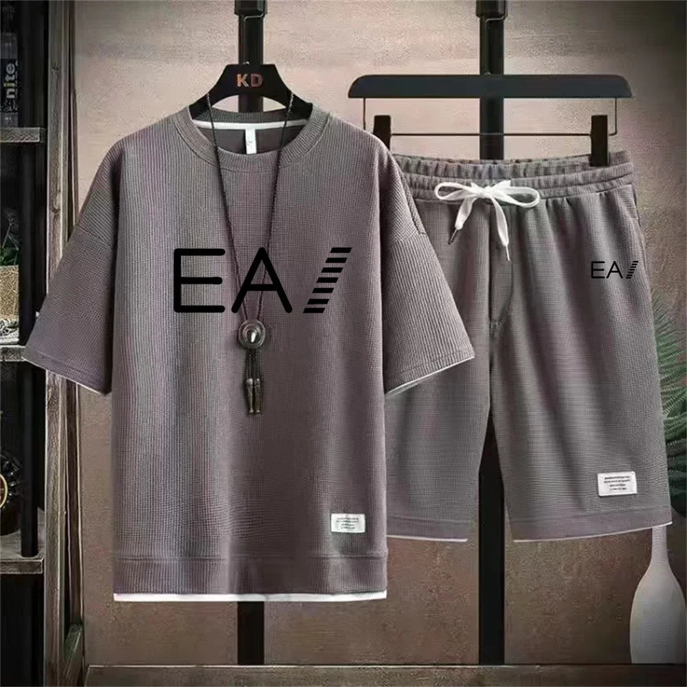 Set A new summer European men's breathable waffle round-neck short-sleeved and jogging sports shorts digital printing two-piece set - Ellianto fashion Men's