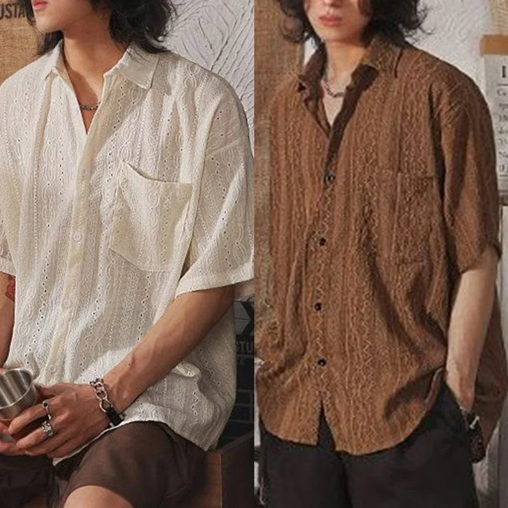 2025 Men Casual Loose Hollow Out Short Sleeve Shirts with pockets Retro Fashion Vacation/Daily All-Match Tops Solid Color - Ellianto fashion Men's