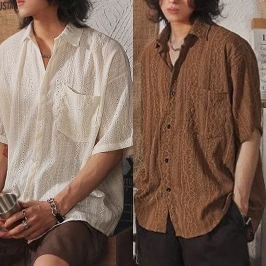2025 Men Casual Loose Hollow Out Short Sleeve Shirts with pockets Retro Fashion Vacation/Daily All-Match Tops Solid Color - Ellianto fashion Men's