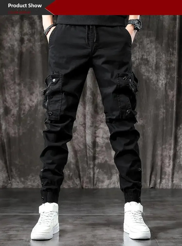 Trendy Men's Spring Autumn Cargo Pants Slim Fit Casual Style Loose Fit American Style Multiple Pocket Small Foot Pants Black - Ellianto fashion Men's