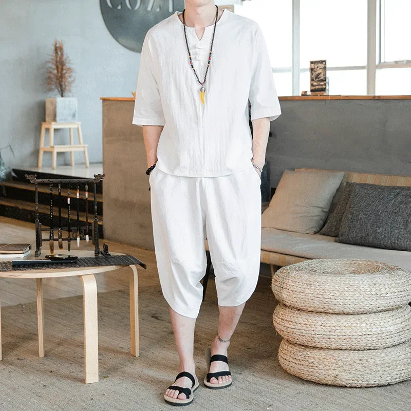 Men's Loose-fit Casual Pants Set Chinese Style Cotton Linen Short Sleeve Shirt Seven-point Shorts Two-piece Suit - Ellianto fashion Men's