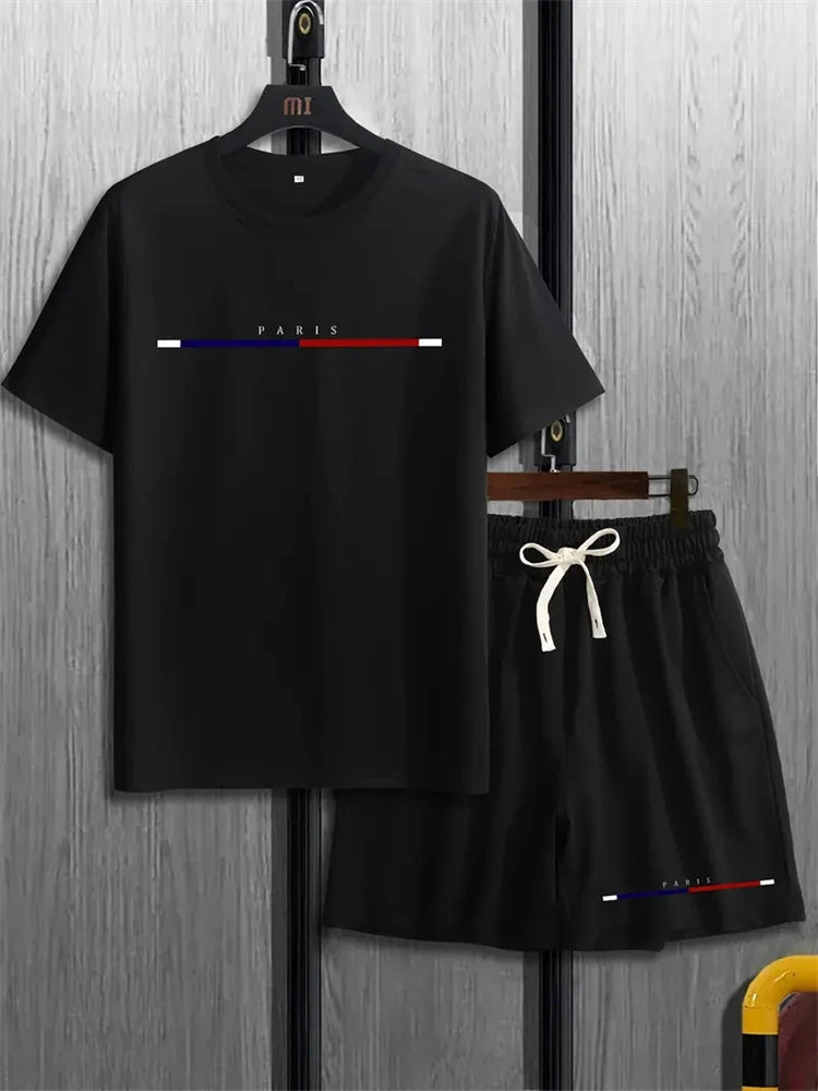 set / 2025 New Fashion Design Men's T-Shirt Men's Sports Drawstring Shorts Simple Printed Men's 2-Piece Summer Gym Breathable Suit - Ellianto fashion Men's