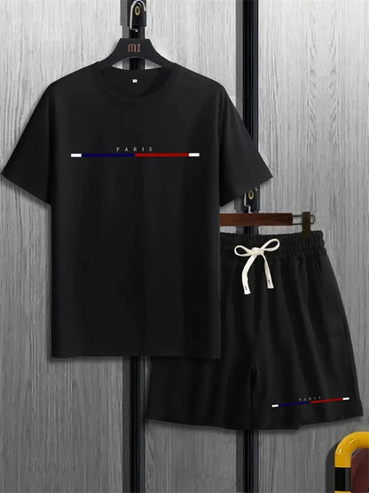 set / 2025 New Fashion Design Men's T-Shirt Men's Sports Drawstring Shorts Simple Printed Men's 2-Piece Summer Gym Breathable Suit - Ellianto fashion Men's