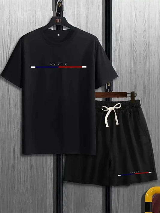 set / 2025 New Fashion Design Men's T-Shirt Men's Sports Drawstring Shorts Simple Printed Men's 2-Piece Summer Gym Breathable Suit - Ellianto fashion Men's