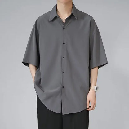 Men's Ice Silk Short Sleeve Shirt Casual Loose Fit Korean Style Trendy Black Shirt For Summer Thin Sleeve Casual - Ellianto fashion Men's