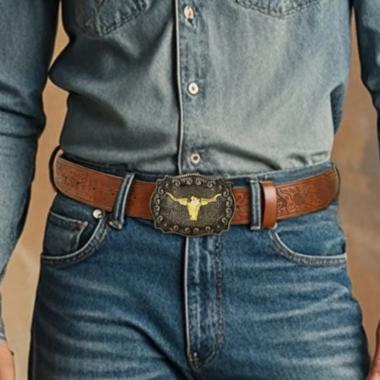 New Men's Western Cowboy Belt - Cool Handsome Black Faux Leather with Embossed Design and Stylish Alloy Buckle men belt - Ellianto fashion Men's