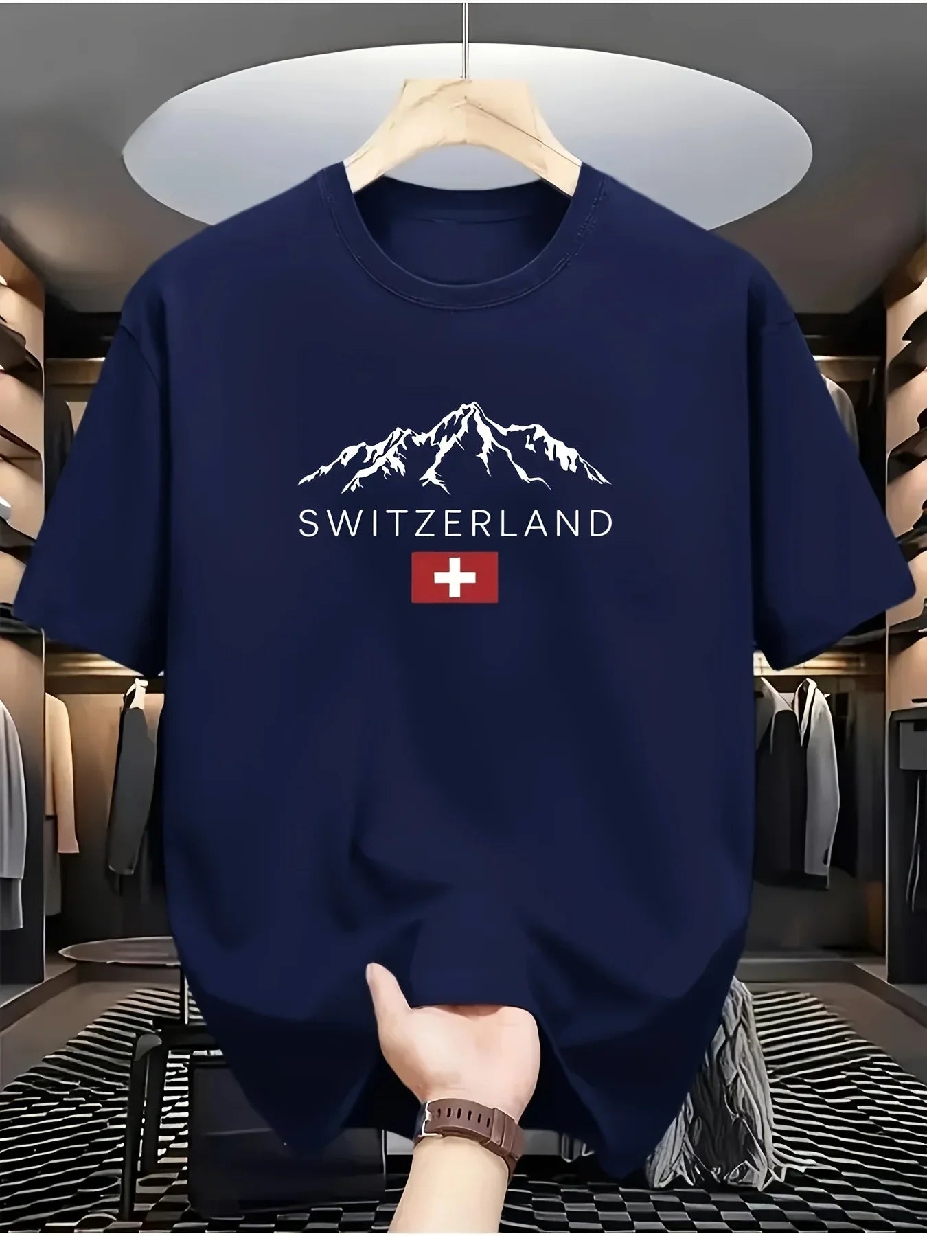 2025 New European Men's Summer 100% Pure Cotton Fashionable Casual Sporty Swiss mountain Pattern Printed round-neck short-sleeve - Ellianto fashion Men's