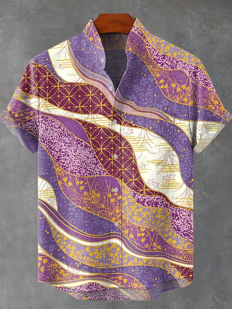 Hawaiian Men's Linen Short Sleeve Shirt Folk Flower Pattern Harajuku Street Clothing Holiday Casual Top - Ellianto fashion Men's