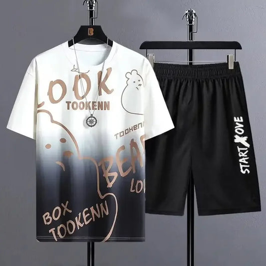 Ice Silk Men's Sportswear Set Quick Dry Casual Dyeing Short Sleeve T-Shirt Shorts Comfortable Lightweight Fashionable Outfit - Ellianto fashion Men's
