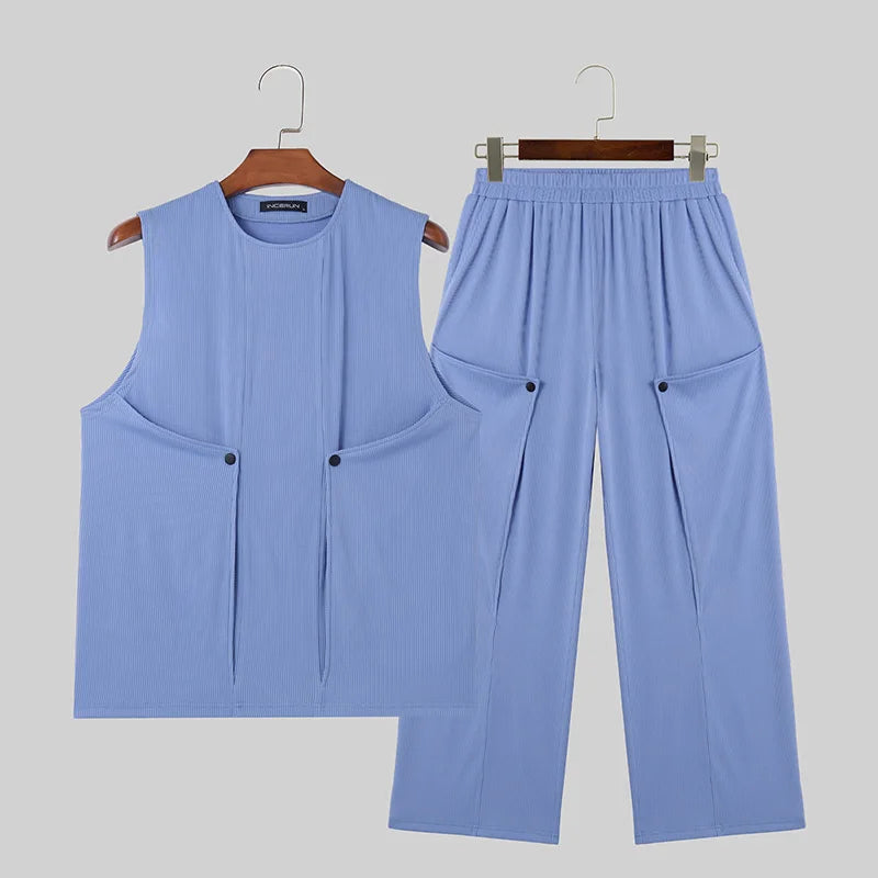 INCERUN Men Sets Solid Color Streetwear O-neck Sleeveless Tank Tops & Pants 2PCS Summer Loose Fashion Men's Casual Suits S-2XL - Ellianto fashion Men's