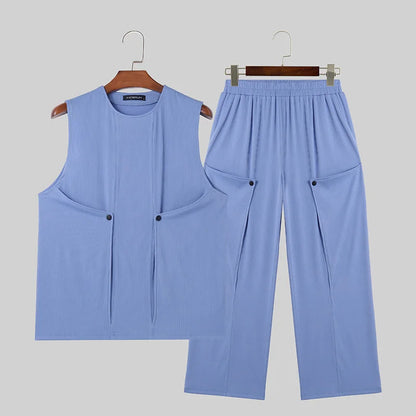 INCERUN Men Sets Solid Color Streetwear O-neck Sleeveless Tank Tops & Pants 2PCS Summer Loose Fashion Men's Casual Suits S-2XL - Ellianto fashion Men's