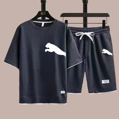 Set 2025 new casual sportswear for men summer two-piece clothing short-sleeved round neck and shorts two fashionable clothes - Ellianto fashion Men's