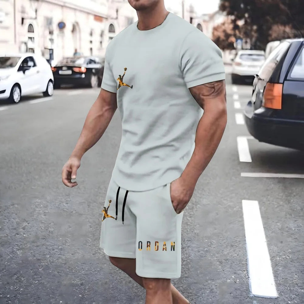 Set New Men's Fashionable Tracksuits Casual Clothing Summer Sports O-Neck Short-Sleeved T-Shirt & Drawstring Shorts Breathable Suit - Ellianto fashion Men's