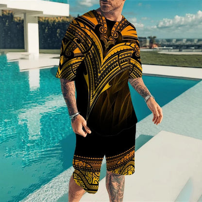 Set 2025 Men's Sports Set Graphic Print Workout Streetwear Matching Tracksuit Casual O-neck Short Sleeve Tees And Shorts Outfits - Ellianto fashion Men's