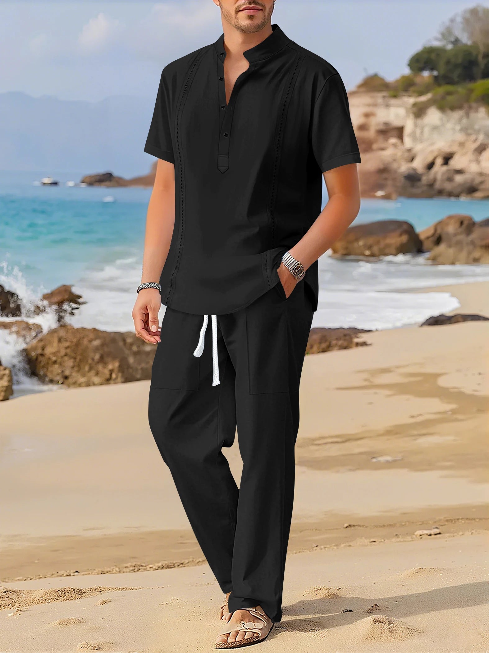 Men's Fashionable Cotton Linen Shirt Set with Cuban Pocket Long Sleeve Casual Two-Piece Suit Spring Autumn 100% Natural Fiber - Ellianto fashion Men's
