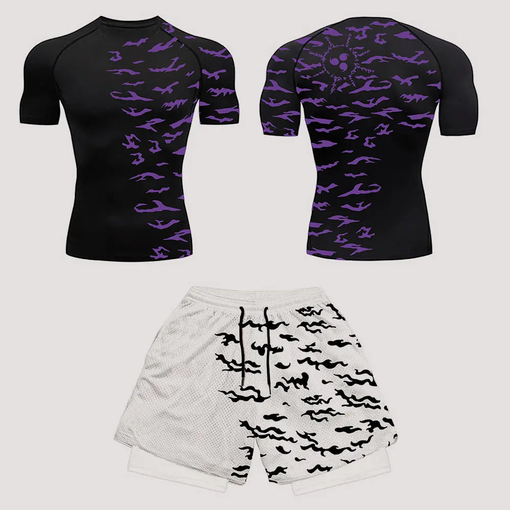 Men’s Anime Print Tracksuit – 2-Piece Breathable Sports Set with T-Shirt, Shorts & Joggers