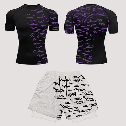 Men’s Anime Print Tracksuit – 2-Piece Breathable Sports Set with T-Shirt, Shorts & Joggers