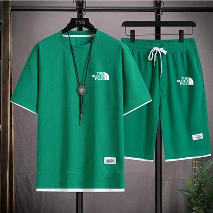 Set 2025 Summer Men's fashion breathable short-sleeved T-shirt + jogging Shorts two-piece fitness training suit Casual set - Ellianto fashion Men's