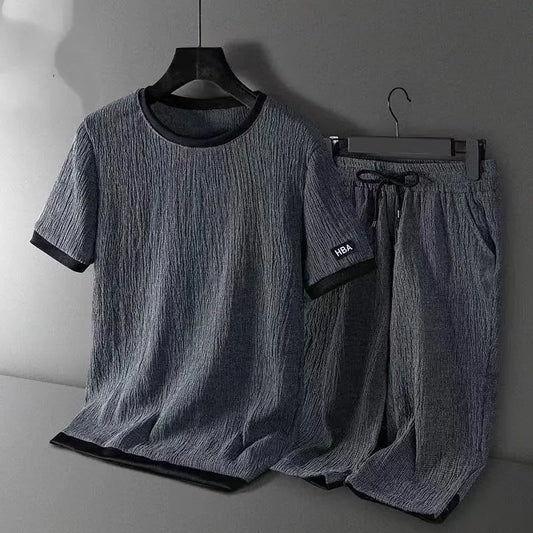 Ice Silk Men's Casual Sportswear Loose plus Size Summer Fashionable Short Sleeve Seven-Piece Pants Two-Piece Set - Ellianto fashion Men's