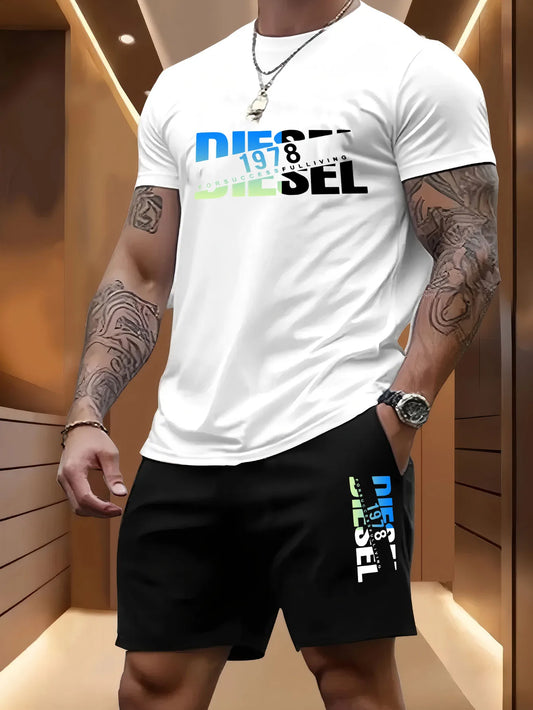 Set Summer men's casual two-piece set round-neck short-sleeved T-shirt and sports shorts for outdoor activities - Ellianto fashion Men's