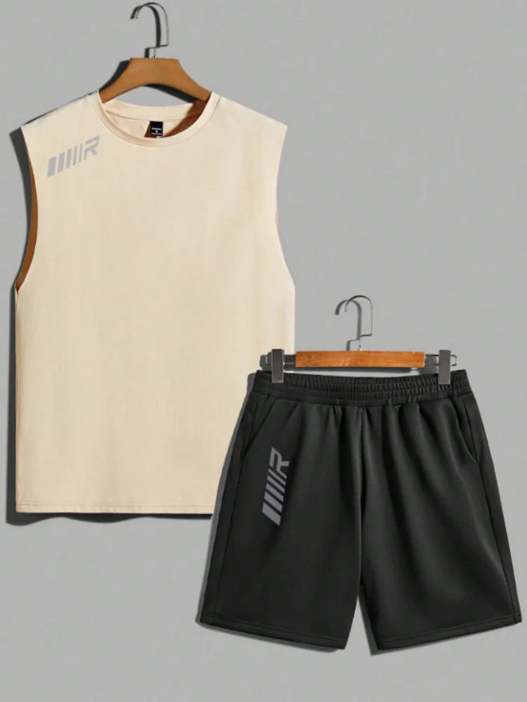 Fashion Summer Set 2 Pieces Men's New Clothing Tracksuit Sports Style Logo Set Outfits Men Sleeveless Tank Top And Shorts Suits - Ellianto fashion Men's