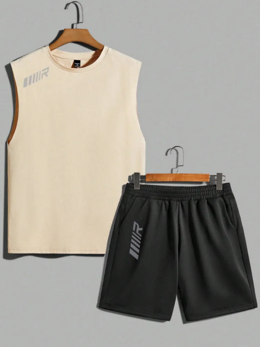 Fashion Summer Set 2 Pieces Men's New Clothing Tracksuit Sports Style Logo Set Outfits Men Sleeveless Tank Top And Shorts Suits - Ellianto fashion Men's