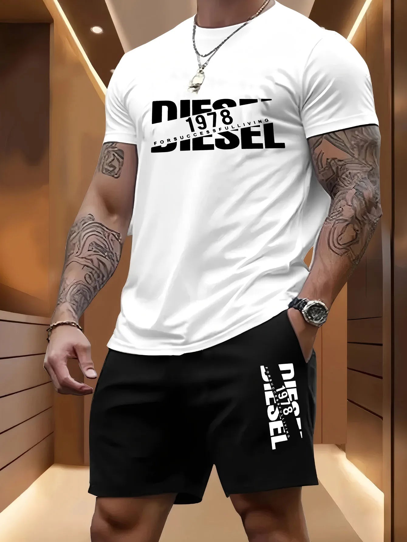 Set Summer men's casual two-piece set round-neck short-sleeved T-shirt and sports shorts for outdoor activities - Ellianto fashion Men's